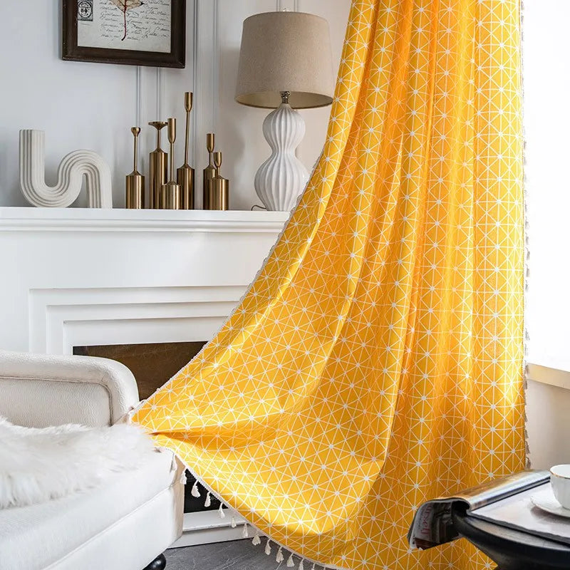 Rideau jaune géométrique bohème en polyester coton, pose à œillets