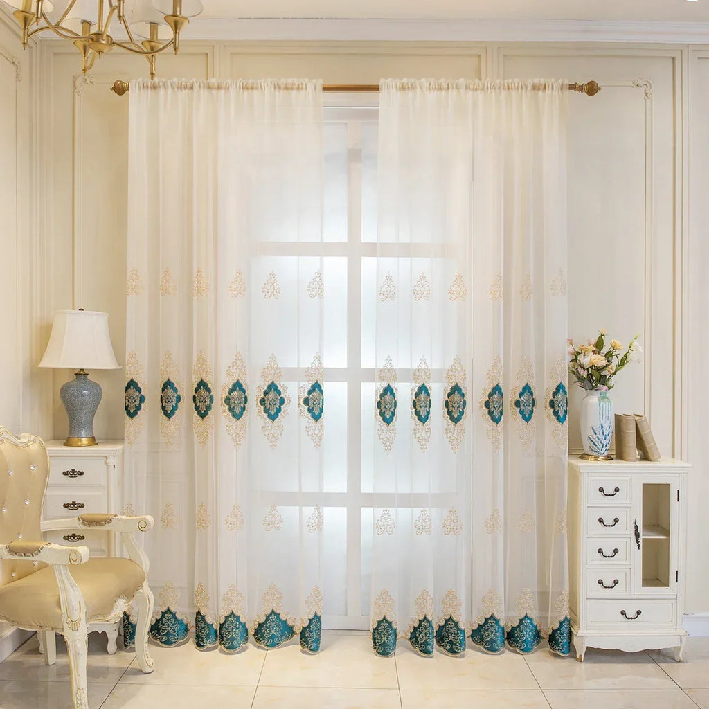 Rideau voilage brodé bleu et doré translucide style luxe, hauteur 240 à 269 cm