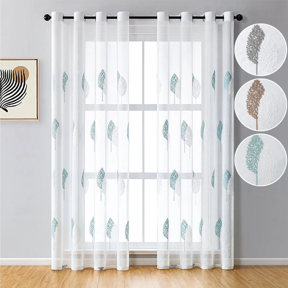 Rideaux voilage brodés feuilles en polyester, largeur 140 à 199 cm