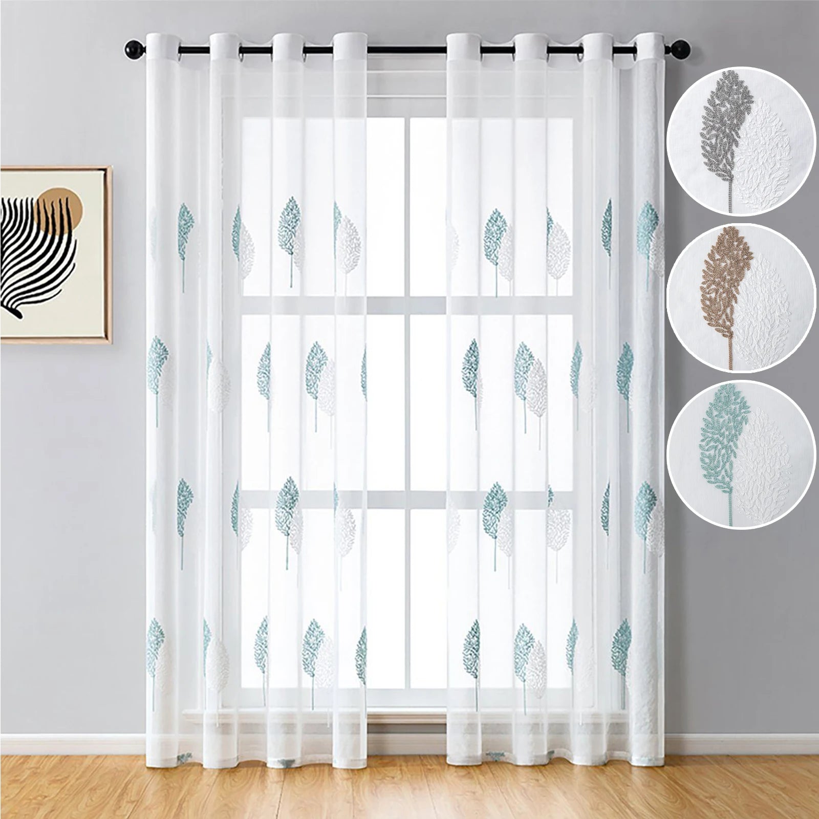 Rideaux voilage brodés feuilles en polyester pour salon et chambre (2 panneaux)