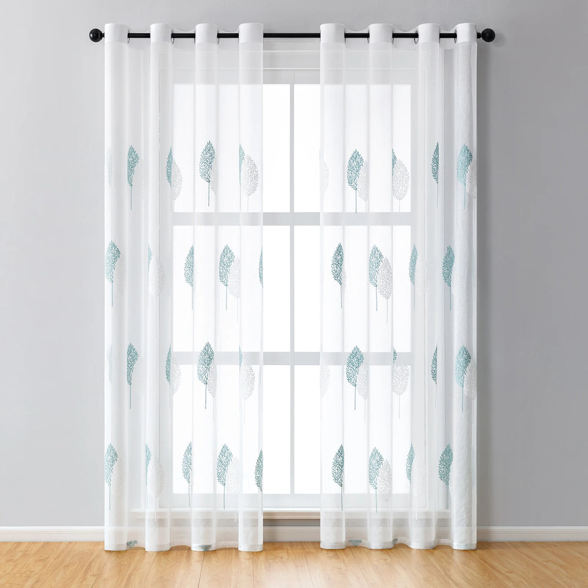 Rideaux voilage brodés feuilles en polyester, vert