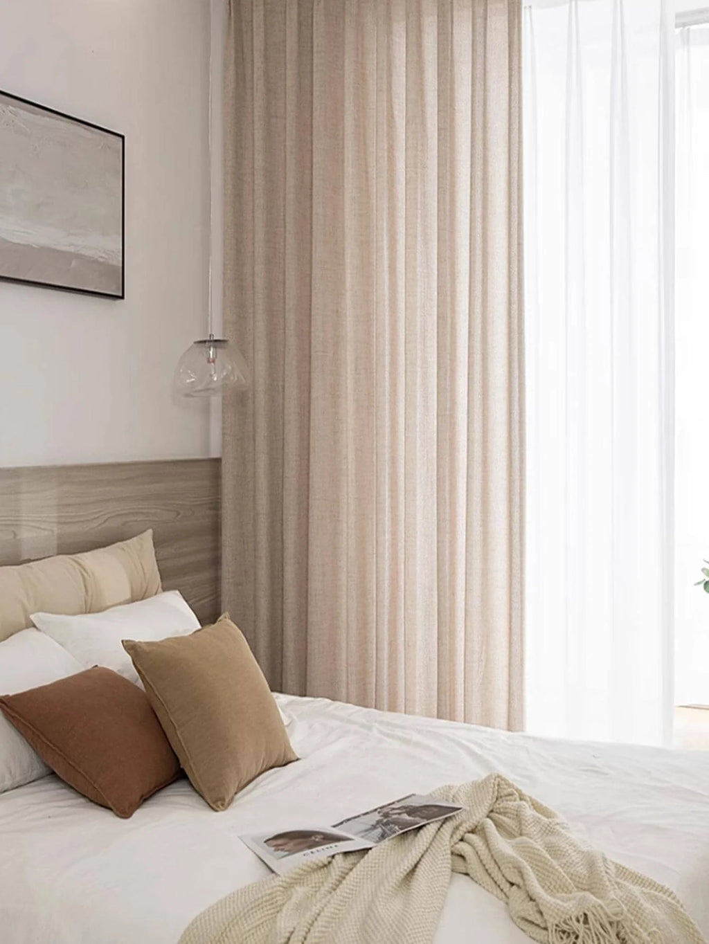 Rideau effet lin coton tamisant style japonais beige pour fenêtre (2 p, hauteur 160 à 199 cm