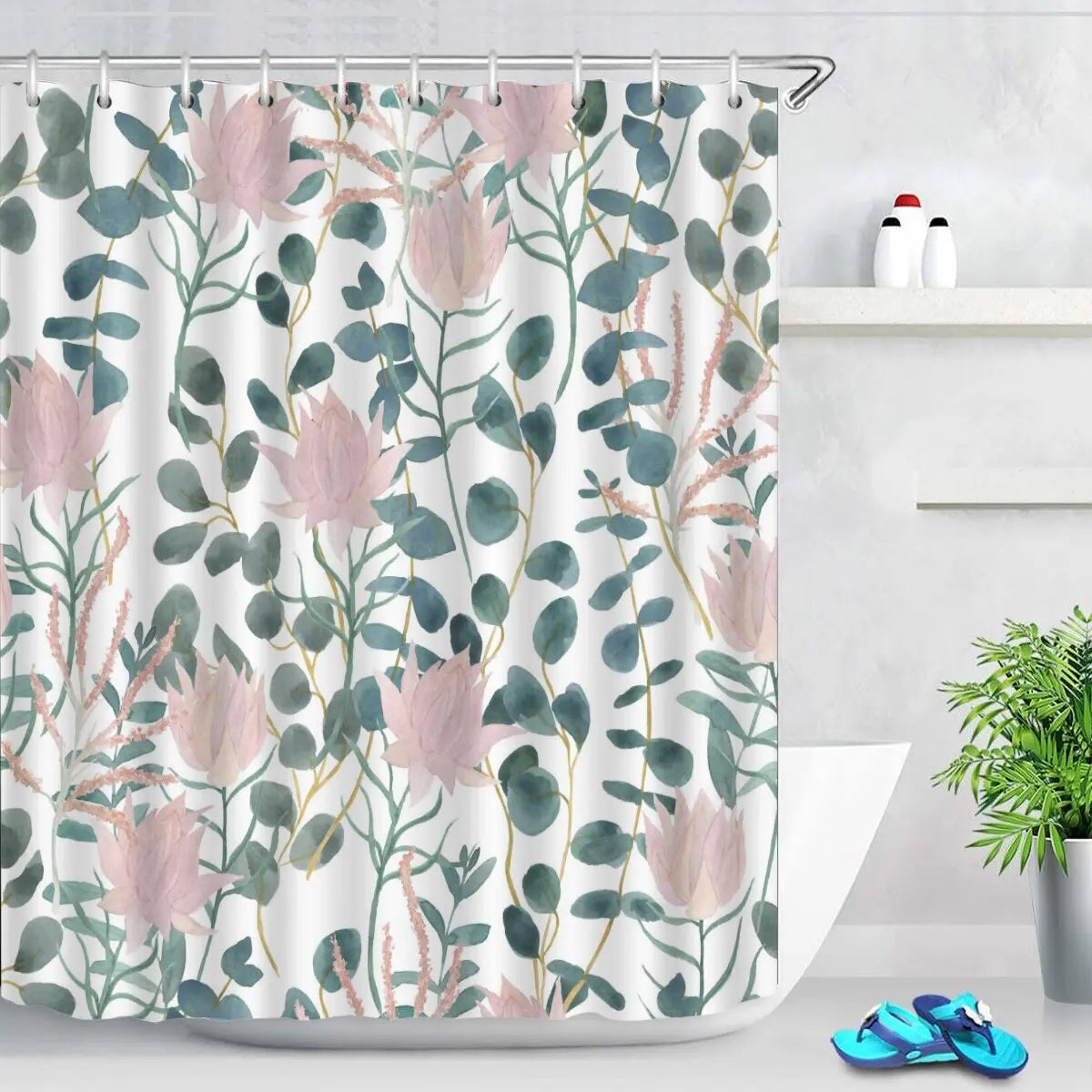 Rideau de douche en polyester imperméable motif tulipes roses