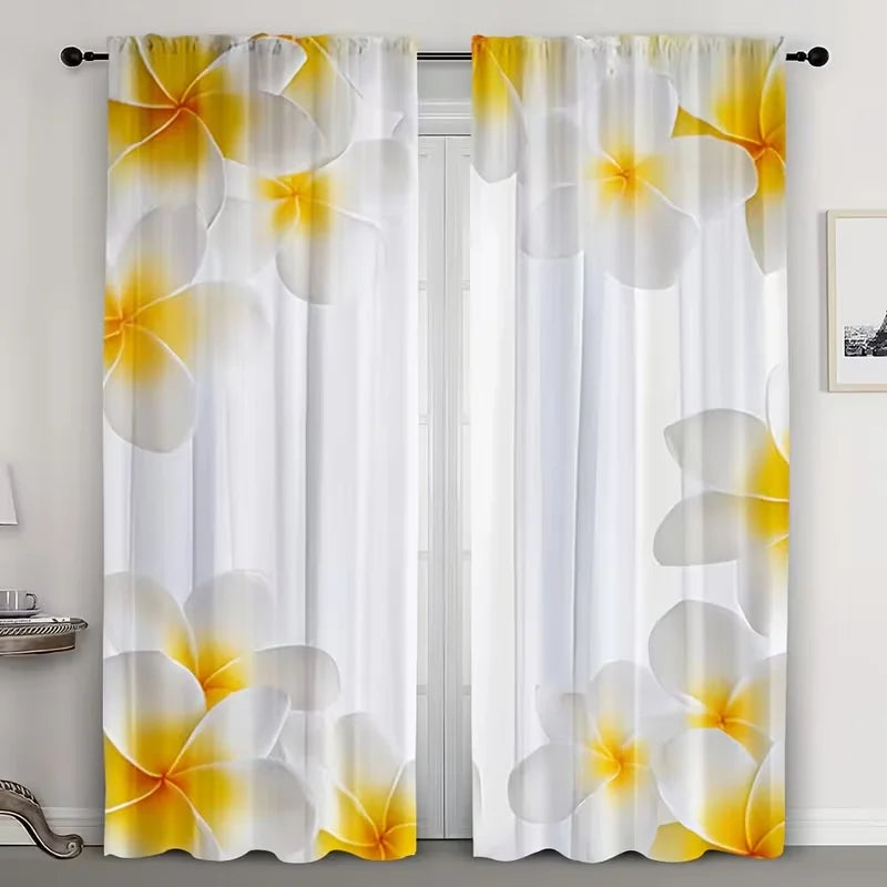 Rideaux voilage fleuris blancs et jaunes tropicaux (2 panneaux), largeur moins de 100 cm