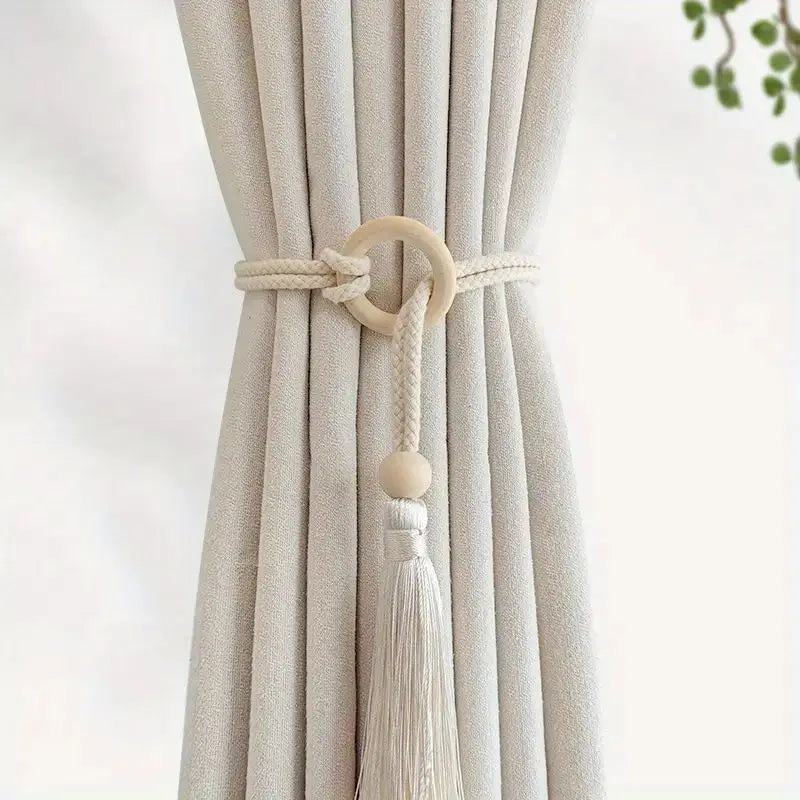 Embrasse de rideau bohème en coton et bois avec pompon (2 pièces)