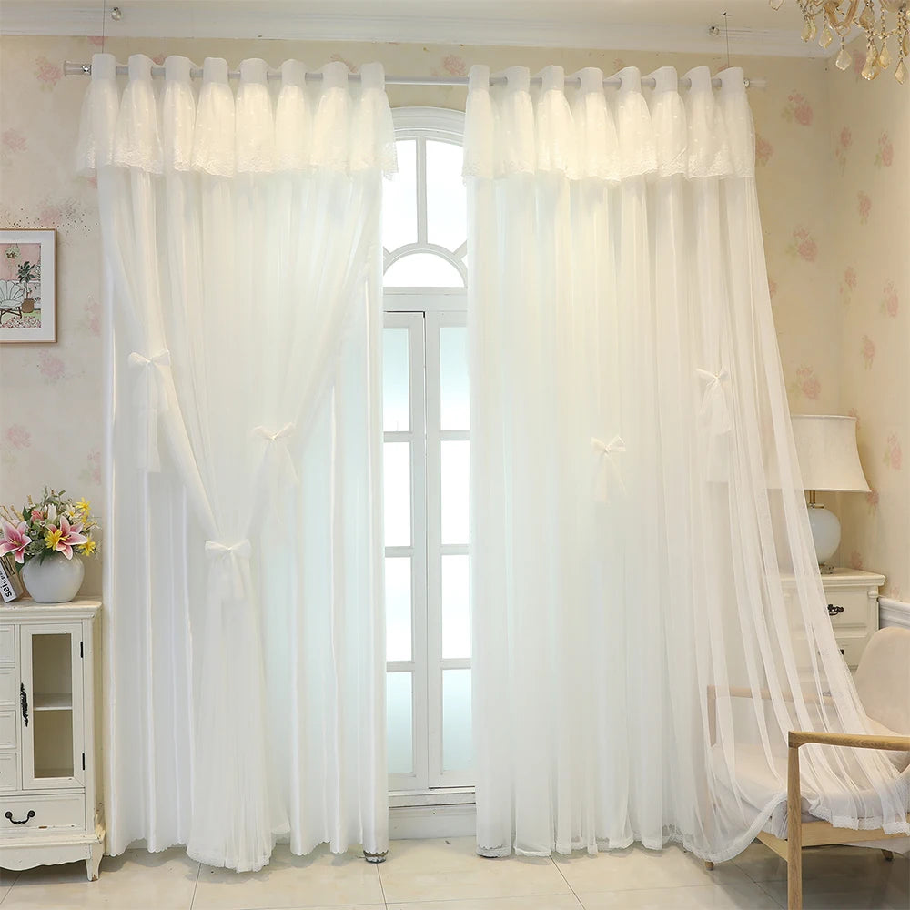 Rideau double épaisseur blanc avec voilage et nœuds papillon décoratifs