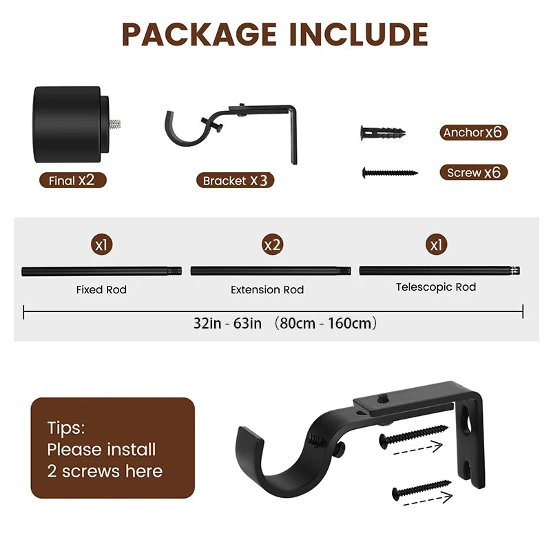 Tringle rideau extensible robuste en métal noir mat pour fenêtre et grande largeur