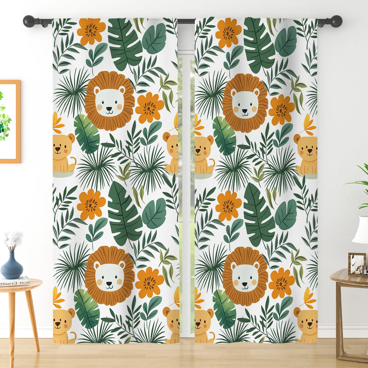 Rideaux jungle lion enfant occultants 80-90 % (2 panneaux), pose à œillets