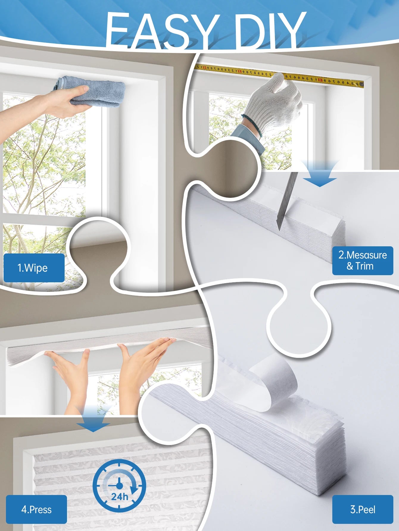 Store plissé occultant sans perçage en tissu non tissé ajustable pour fenêtre