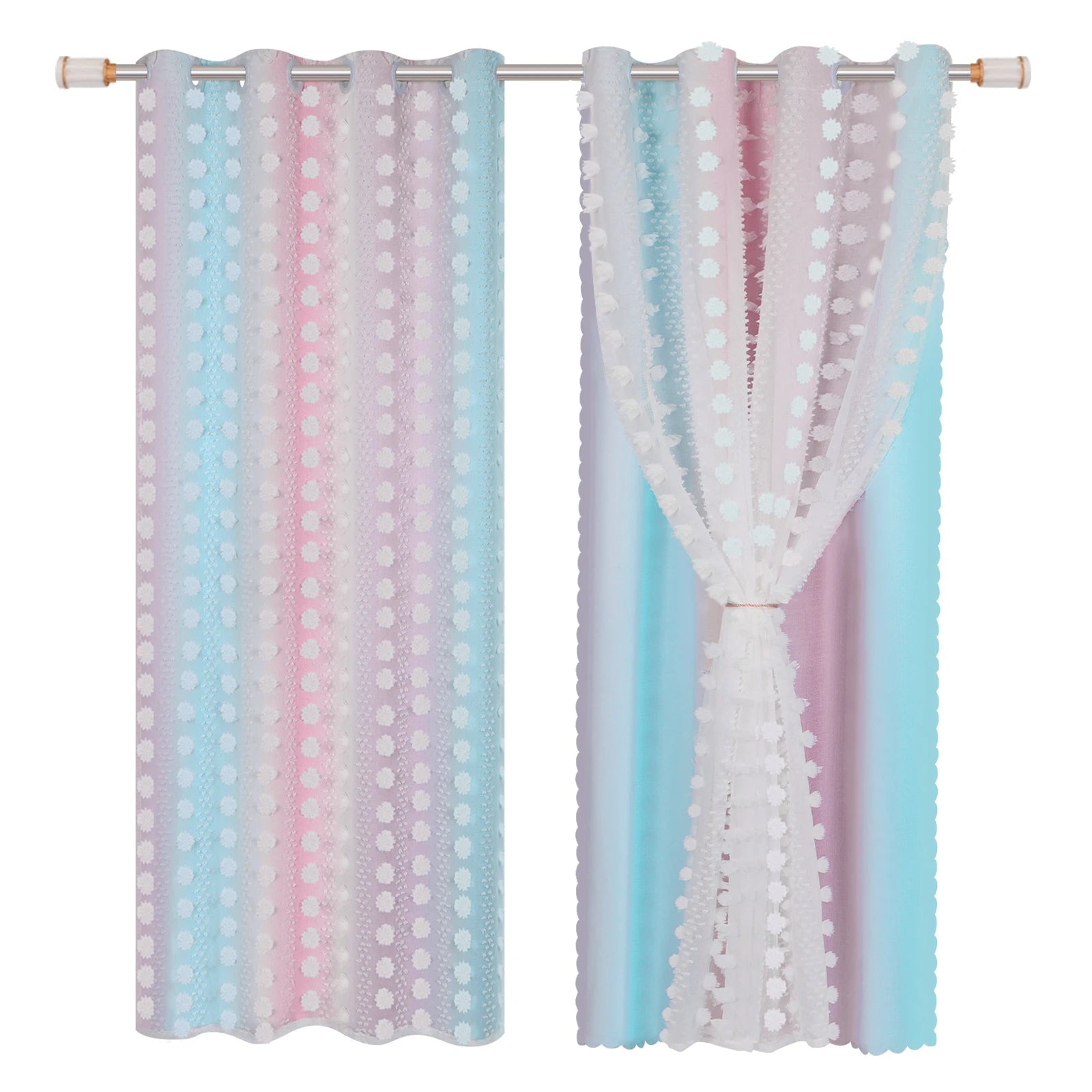 Rideau occultant double épaisseur avec voile pompons pour chambre enfant