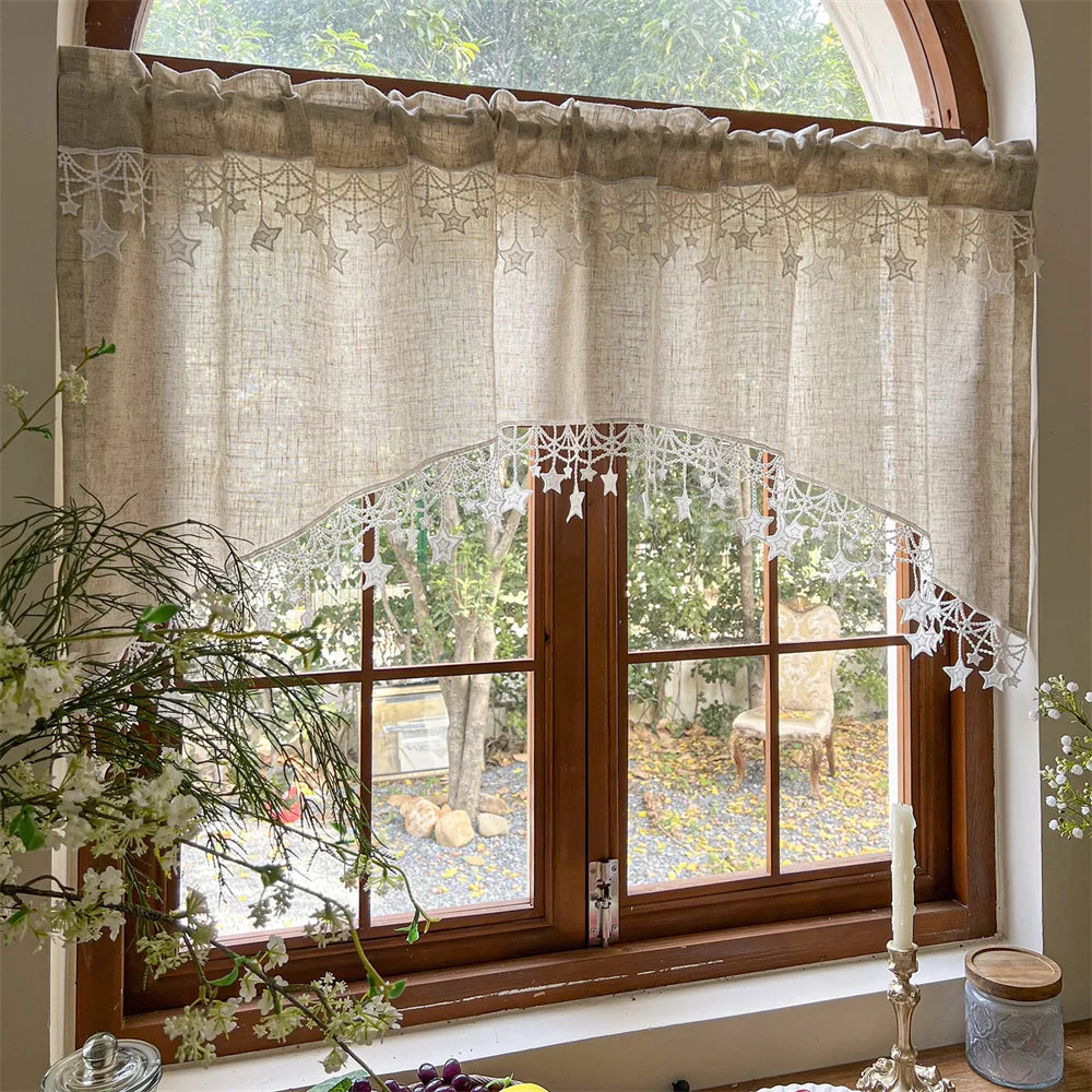 Rideau valance arche brodé étoiles style farmhouse en polyester tamisant