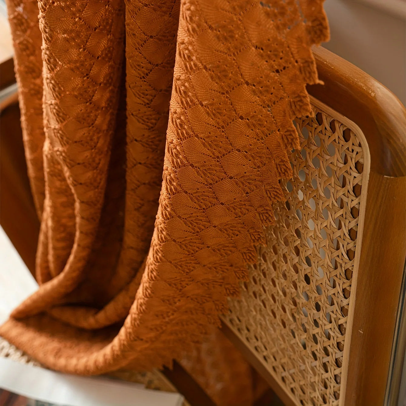 Rideau voilage orange rustique en maille ajourée style campagne chic