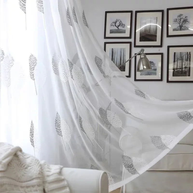 Rideau voilage blanc brodé motif arbre pour salon et chambre