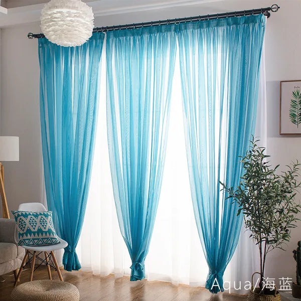 Rideau voilage tulle coloré translucide léger moderne, bleu de mer