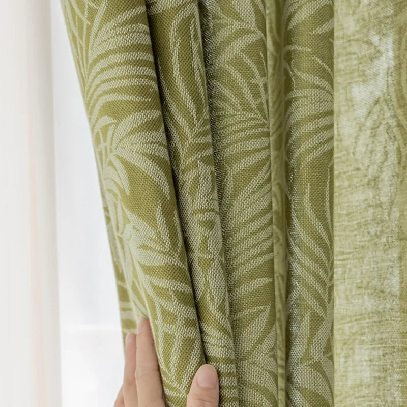 Rideau jacquard lin vert jungle motif feuillage tamisant (1 panneau), pose à passe-tringle