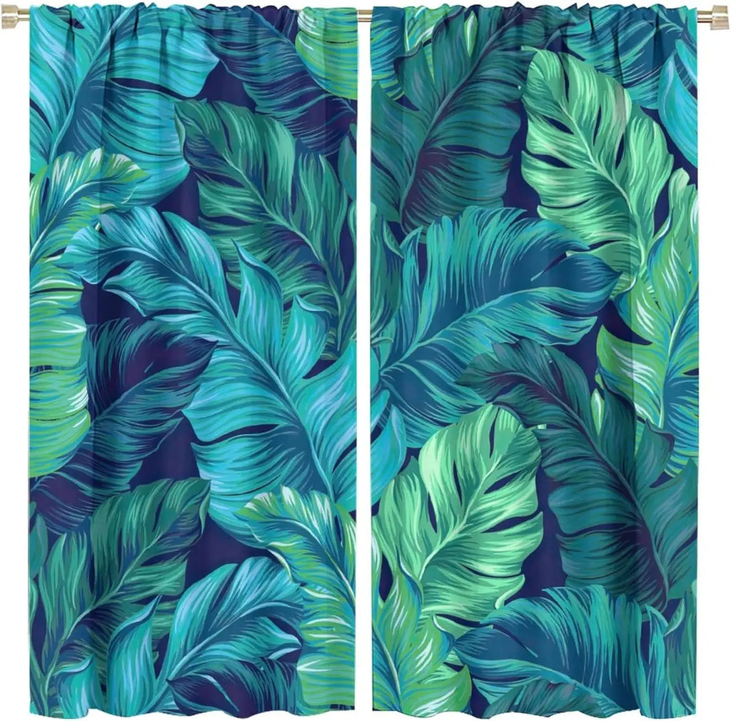 Rideaux jungle palmier vert bleu occultation modérée (2 panneaux), largeur 100 à 139 cm