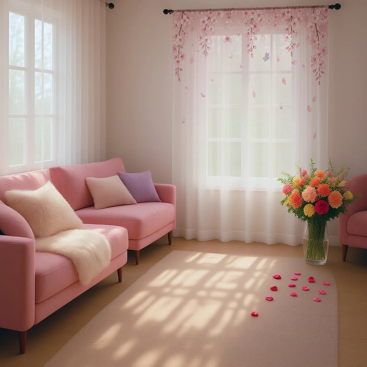 Rideau Transparent à Motif Fleurs de Pêche Rose – Voilage Modern pour Salon, Chambre et Bureau