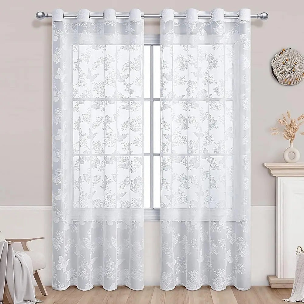 Rideau Jacquard Translucide avec Motif Papillon – Voilage Blanc pour Salon, Chambre et Balcon