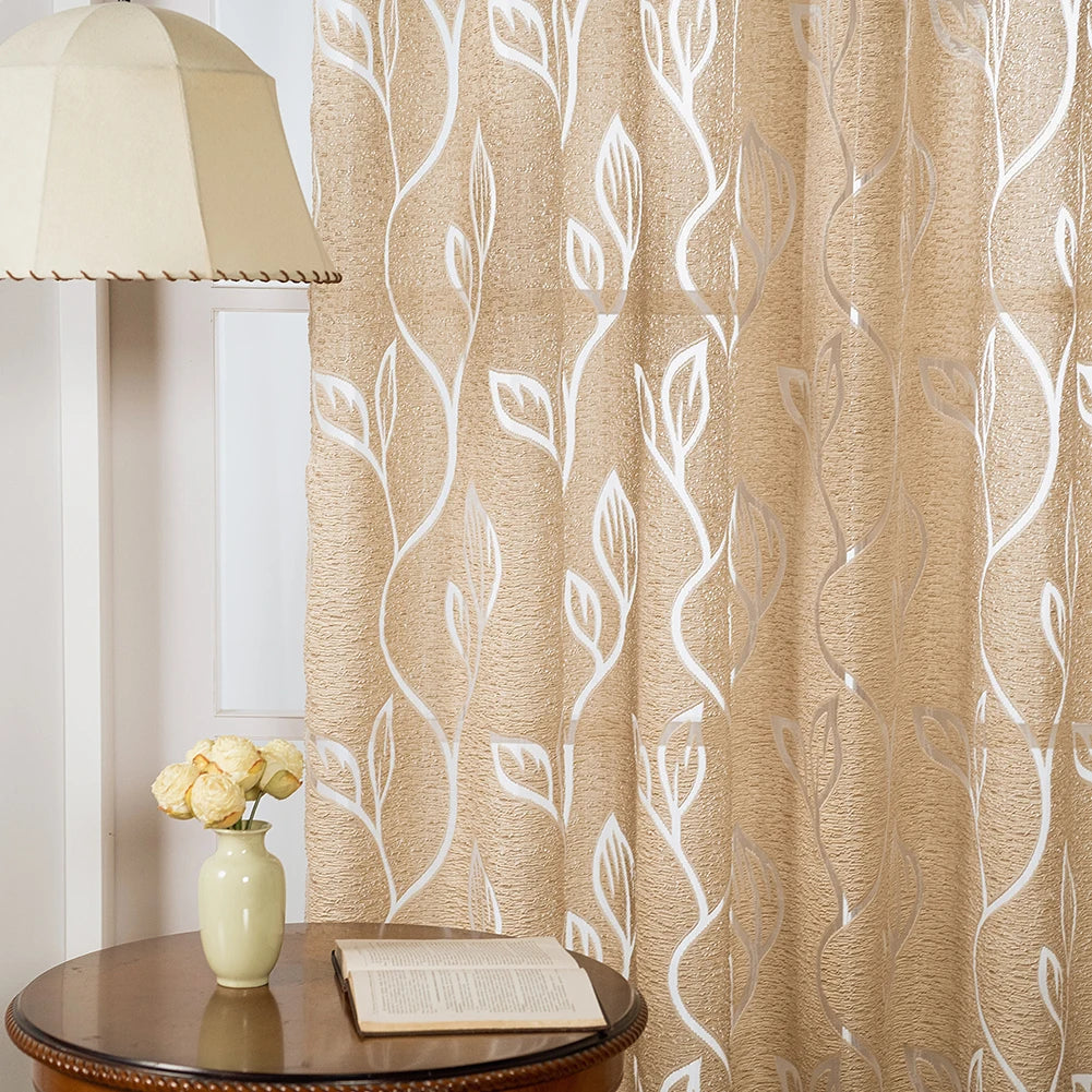 Rideau jacquard tamisant beige motif feuilles style européen, largeur 100 à 139 cm
