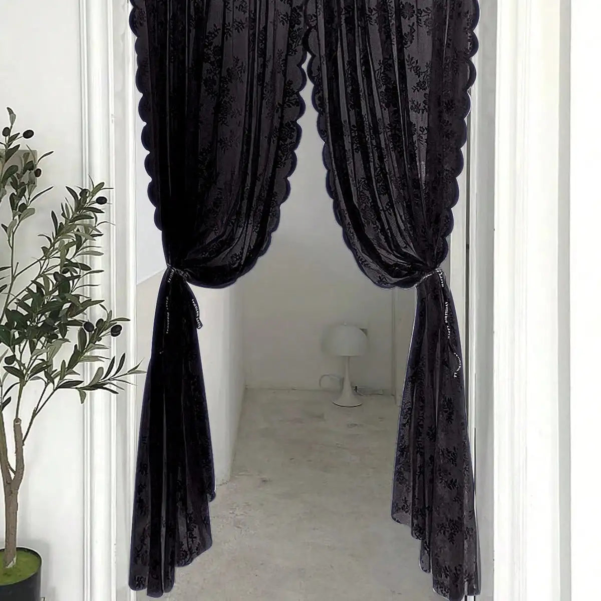 Rideau voilage en dentelle noire à motif floral pour fenêtre