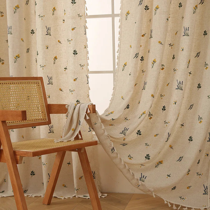 Rideau court brodé en coton et lin, largeur 140 à 199 cm