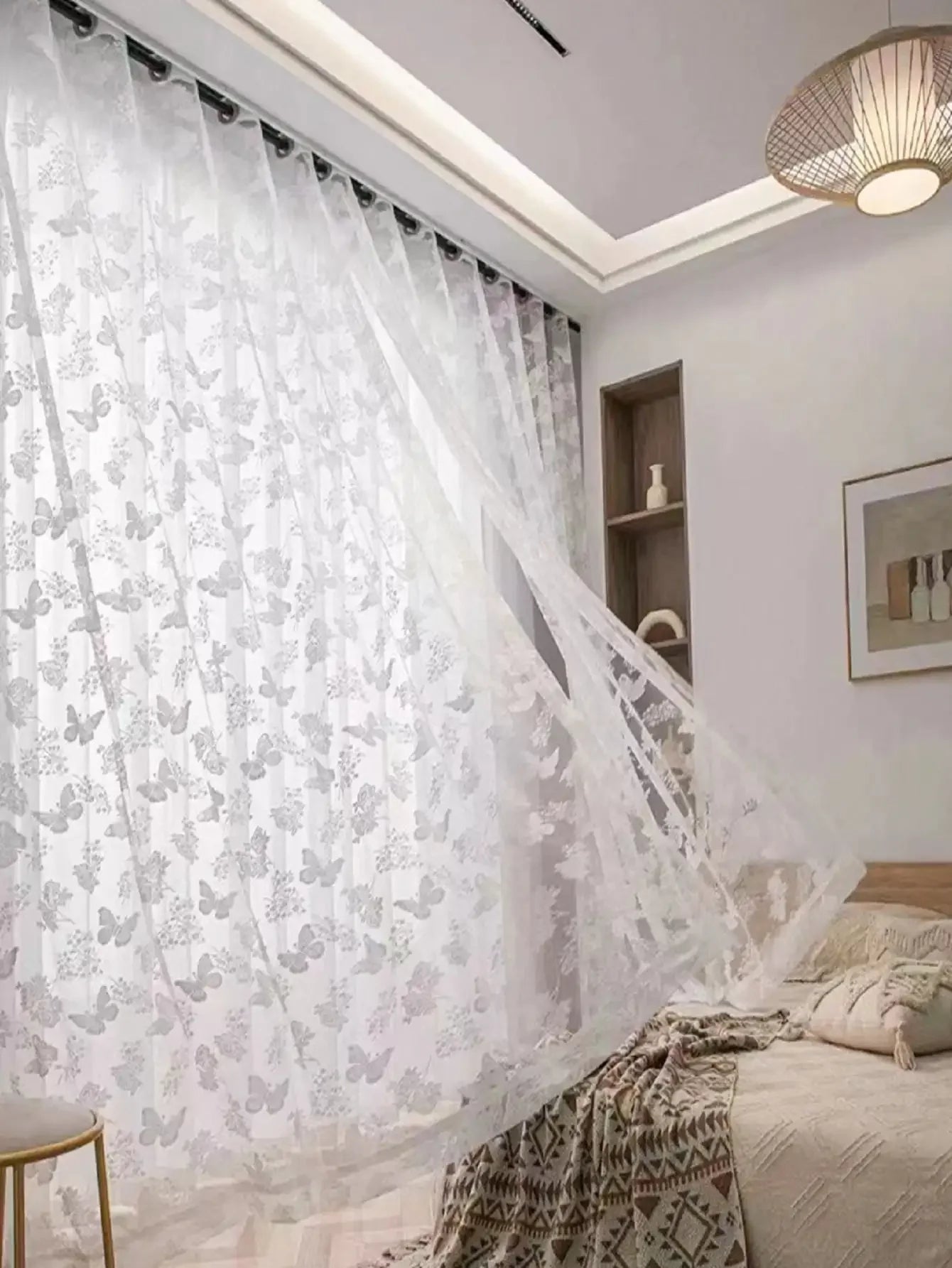 Rideau voilage blanc en coton motif papillon pour chambre (1 panneau)