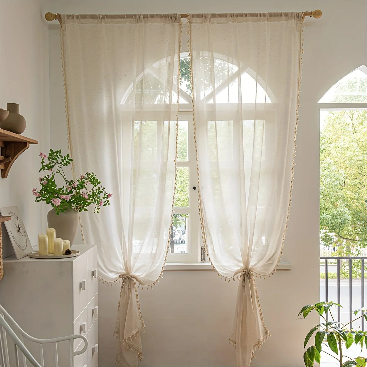 Rideau en lin naturel avec dentelle – Voilage translucide, idéal pour salon et chambre