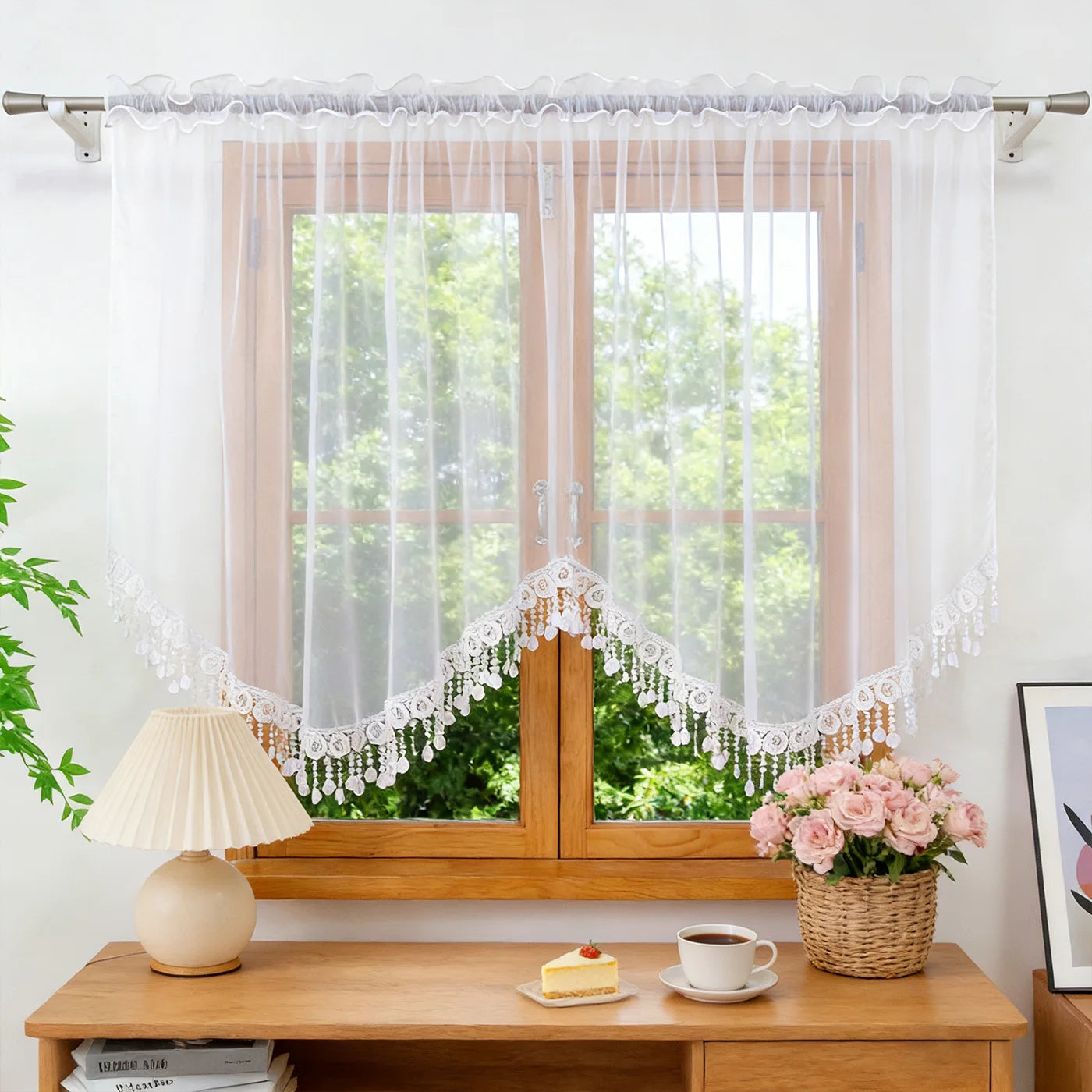 Rideau brise bise dentelle blanche tamisant finition pointe pour cuisine ( 1 pièce)