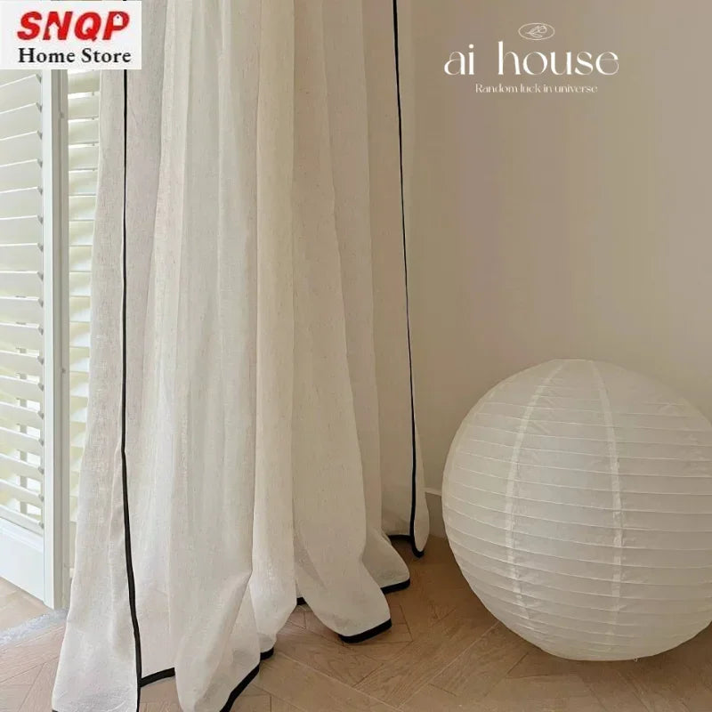 Rideau voilage beige en tulle bord noir pour salon et chambre