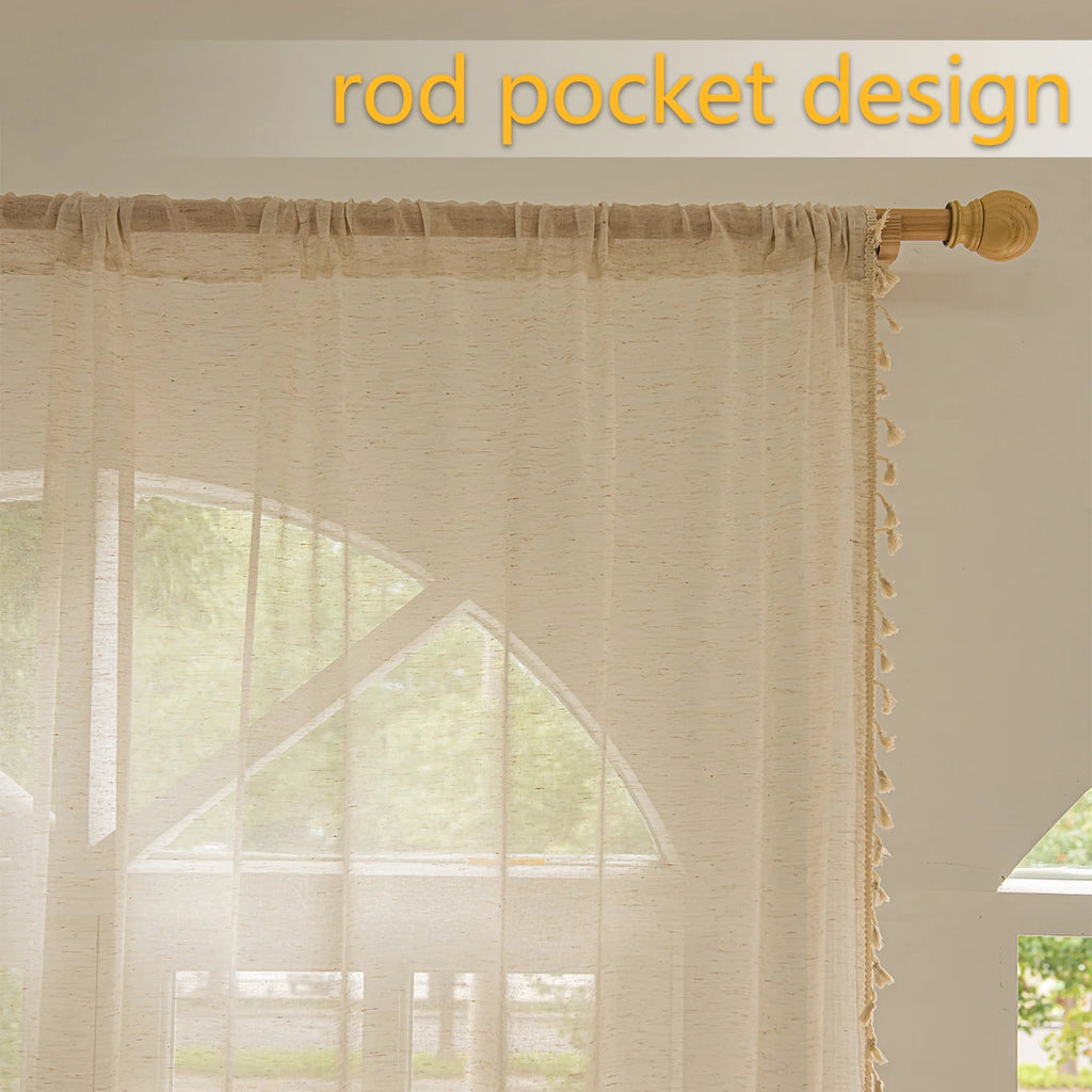 Rideau voilage bohème beige pompons tamisant polyester, largeur 200 à 299 cm