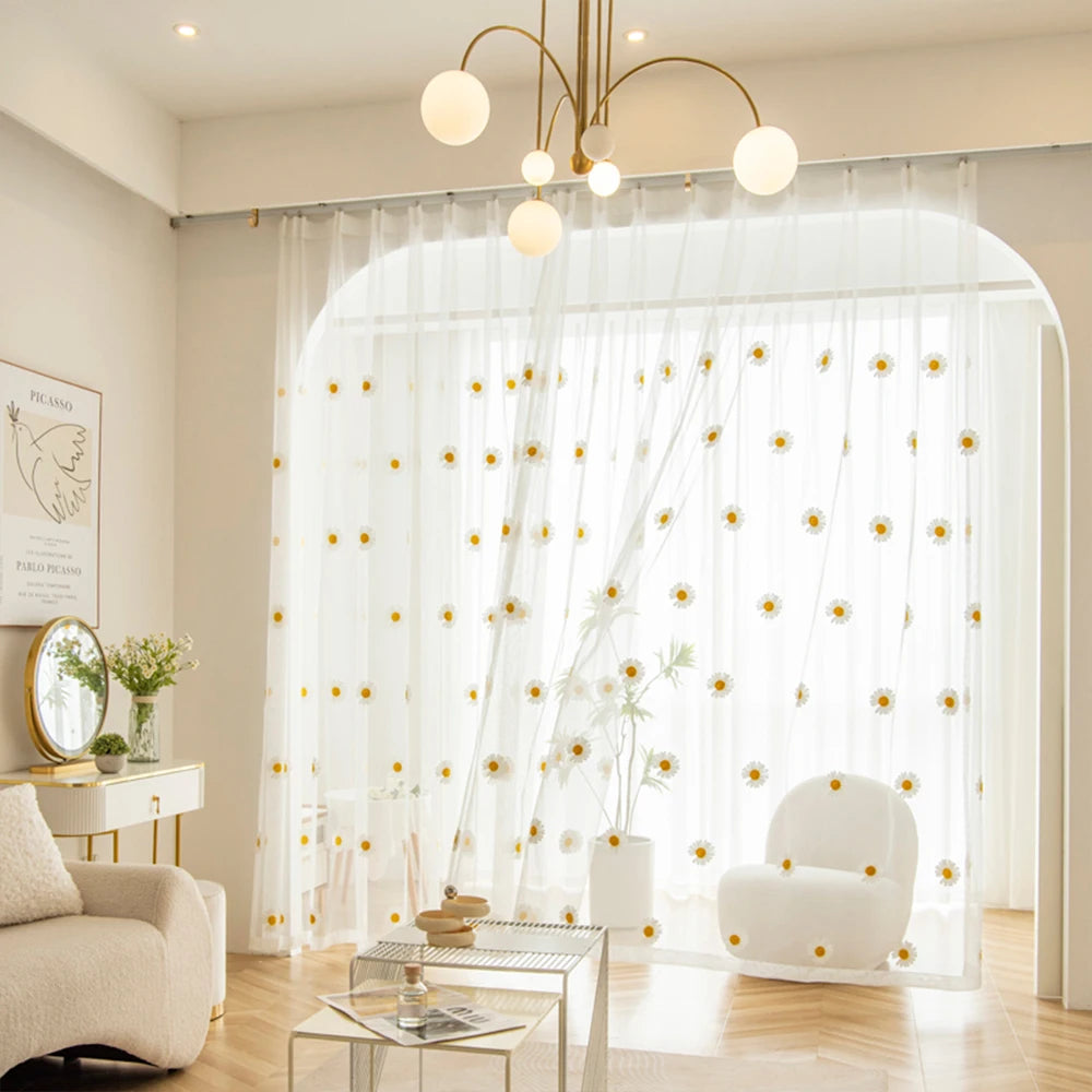 Rideau voilage marguerites style nordique tamisant pour salon et chambre