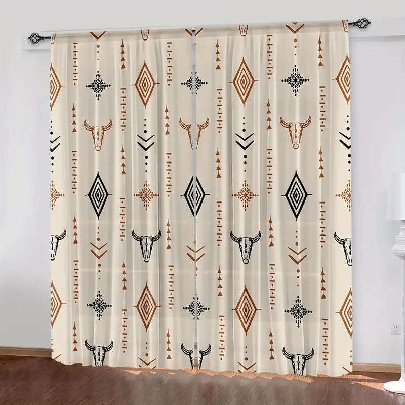 Rideau boho tribal imprimé tête de taureau filtrant (2 panneaux)