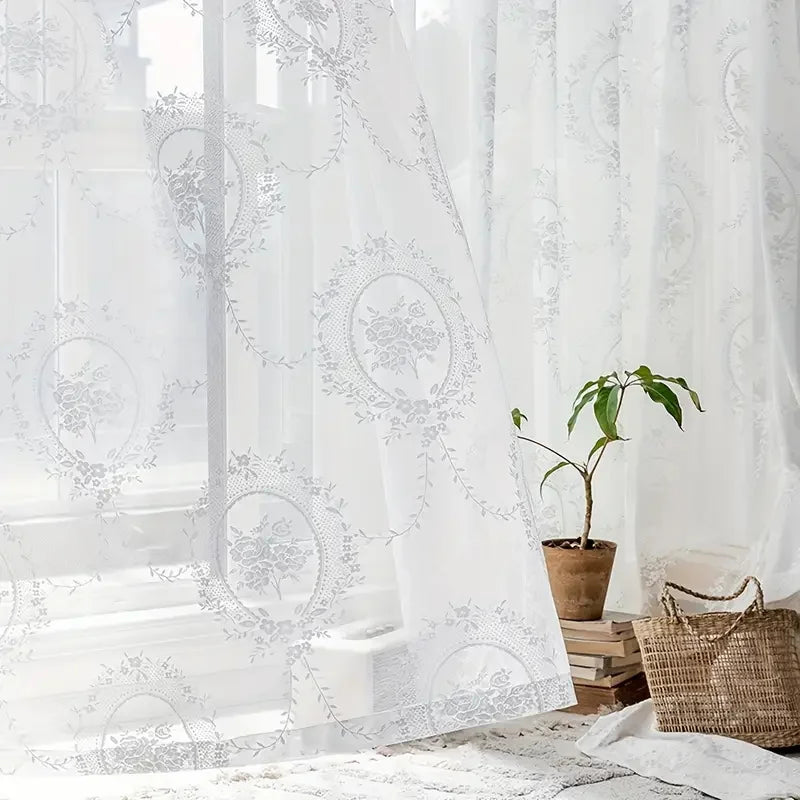 Voilage dentelle fleurie pivoine blanc tamisant élégant, largeur 140 à 199 cm