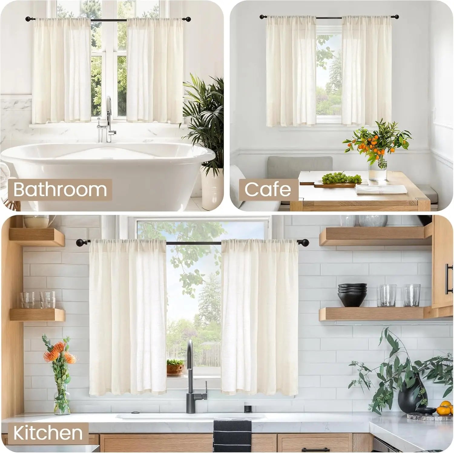 Petits rideaux de cuisine en lin beige crème style farmhouse (2 pièces)