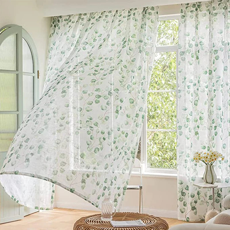 Rideau voilage blanc imprimé feuilles de Bodhi vertes, largeur 100 à 139 cm