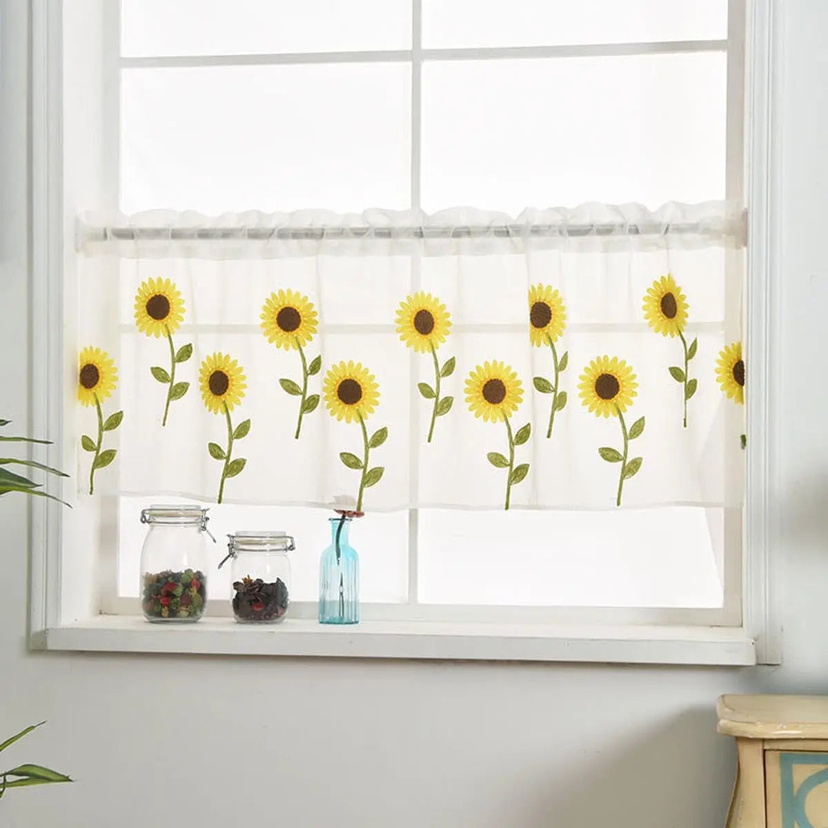 Valance Brodée Semi-Translucide pour Fenêtre – Voilage Floral avec Pompons pour Cuisine