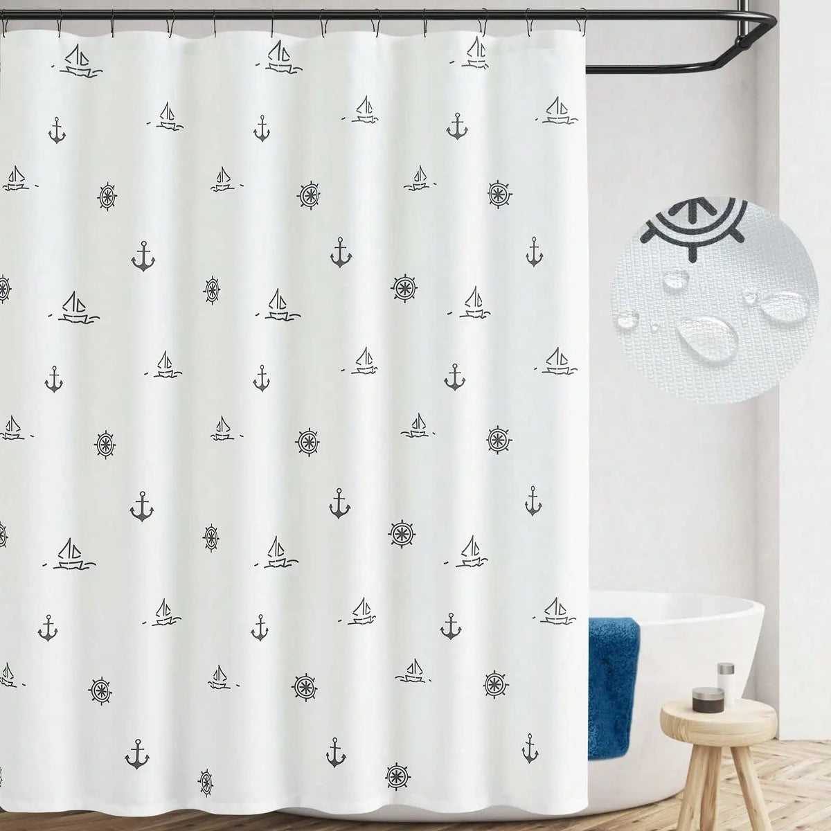 Rideau de douche en polyester imperméable motif marin nautique, blanc & noir