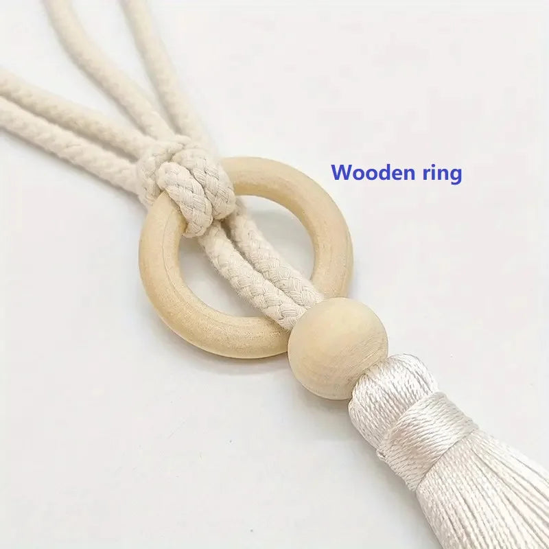 Embrasse de rideau bohème en coton et bois avec pompon (2 pièces)