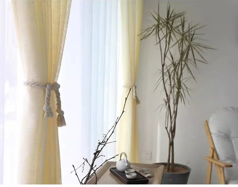 Rideau voilage jaune clair en coton lin style japonais pour salon