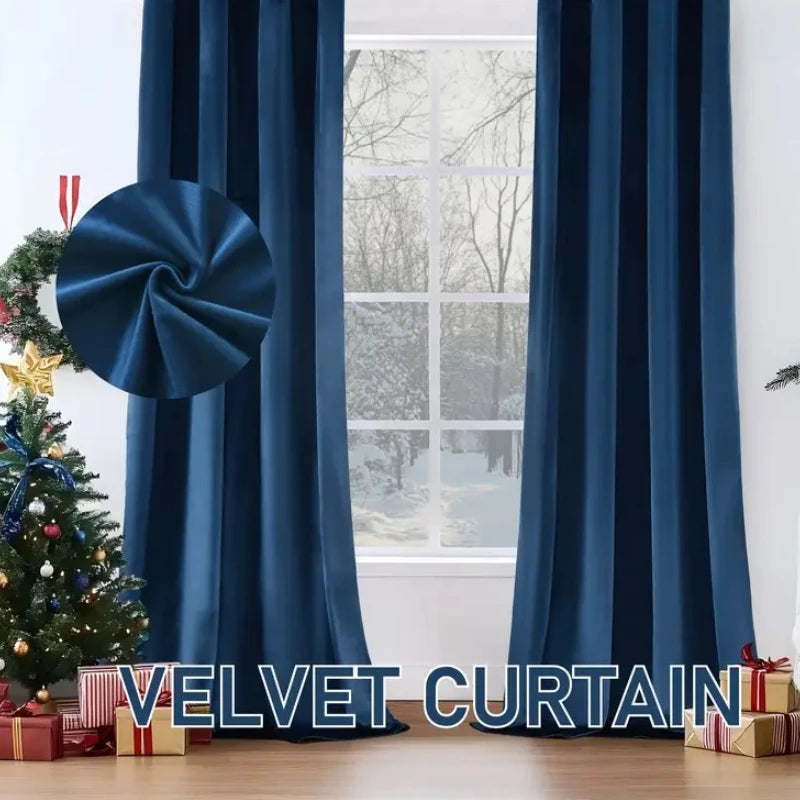 Rideau velours bleu tamisant et thermique, pose à œillets