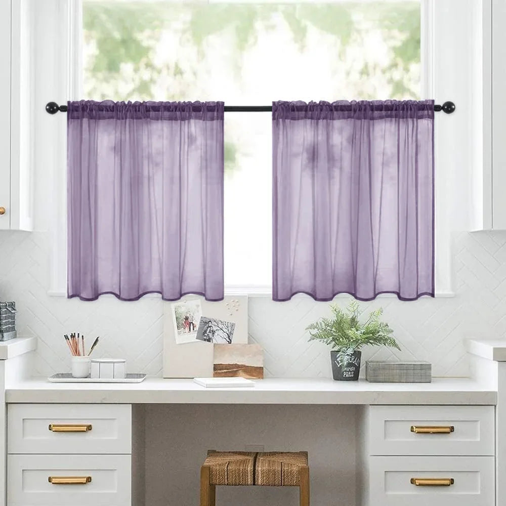 Petit rideau voilage court transparent uni pour cuisine et salle de bain (2 pièces)