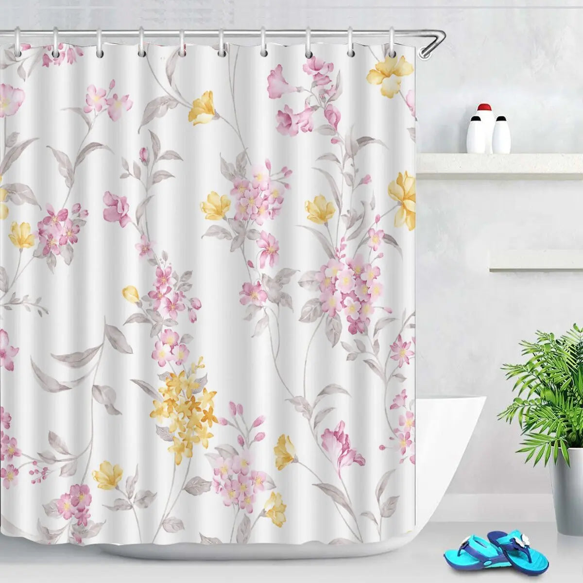 Rideau de douche en polyester imperméable motif tulipes roses