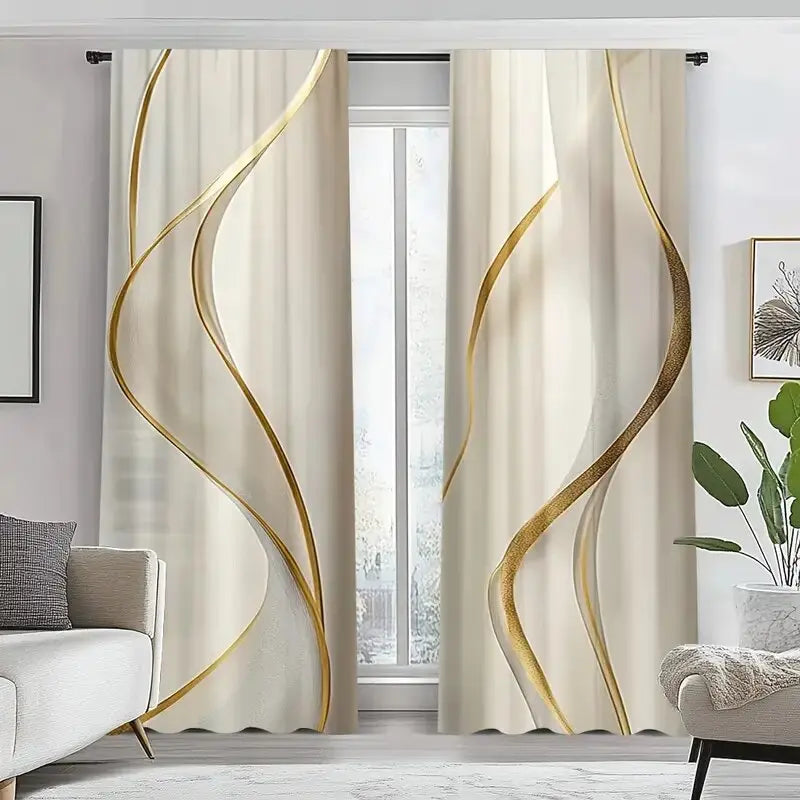 Rideaux tamisants crème à motifs lignes dorées en polyester (2 panneaux)