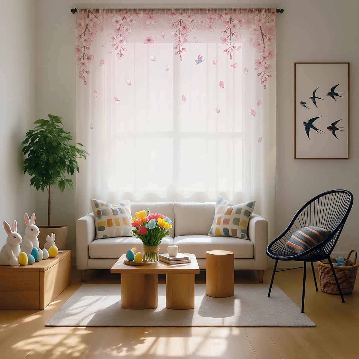 Rideau Transparent à Motif Fleurs de Pêche Rose – Voilage Modern pour Salon, Chambre et Bureau