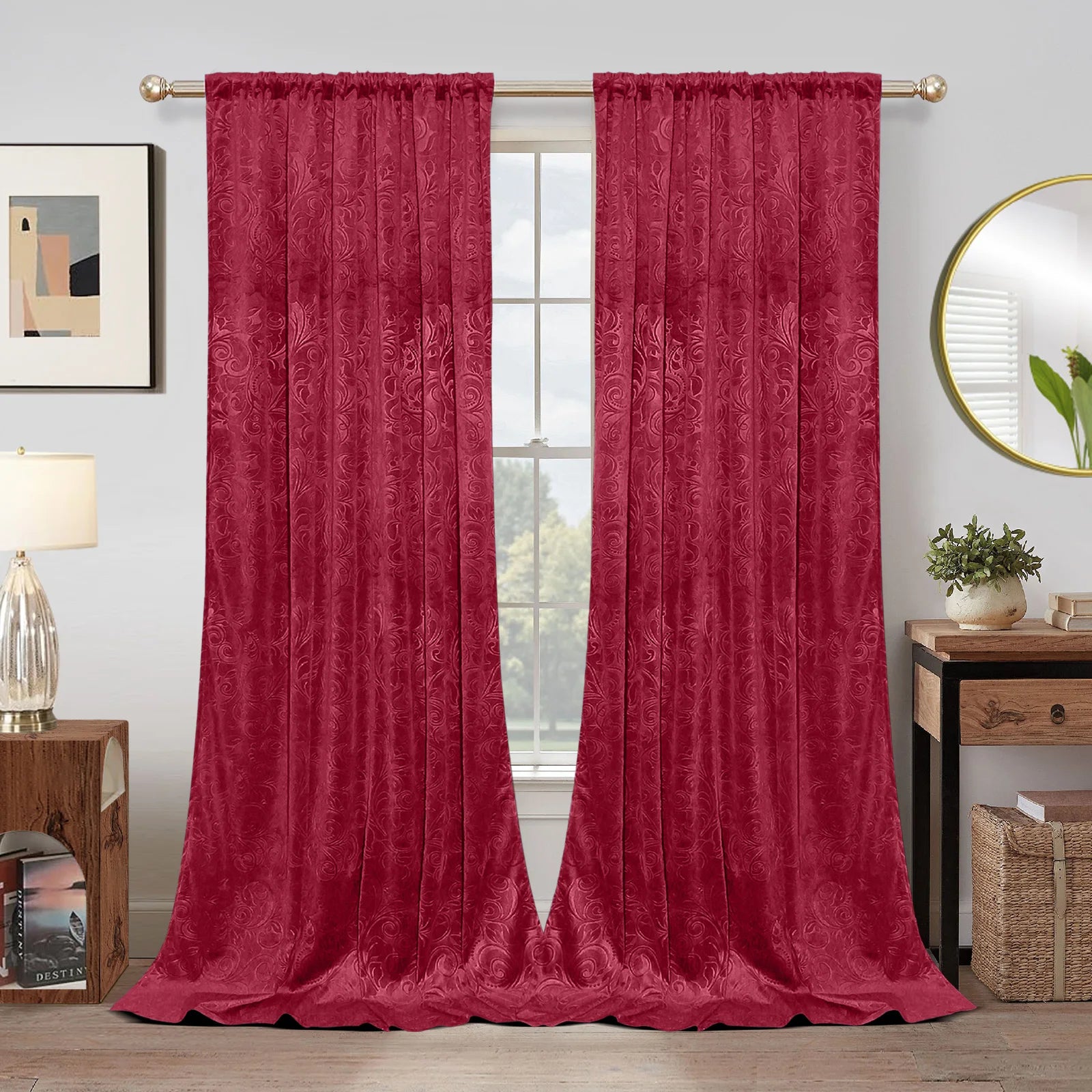 Rideaux occultants en velours à motifs floraux thermiques (2 panneaux)