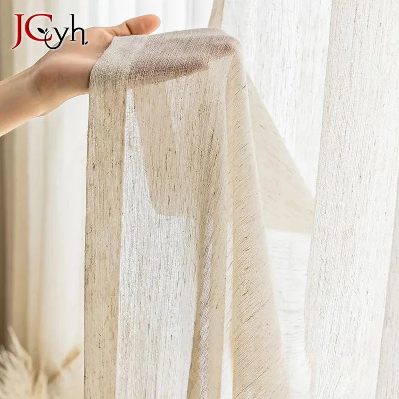Voilage beige effet lin style japonais tamisant léger pour porte-fenêt, pose à œillets