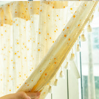 Rideau court en coton à motifs floraux avec pompons, largeur moins de 100 cm