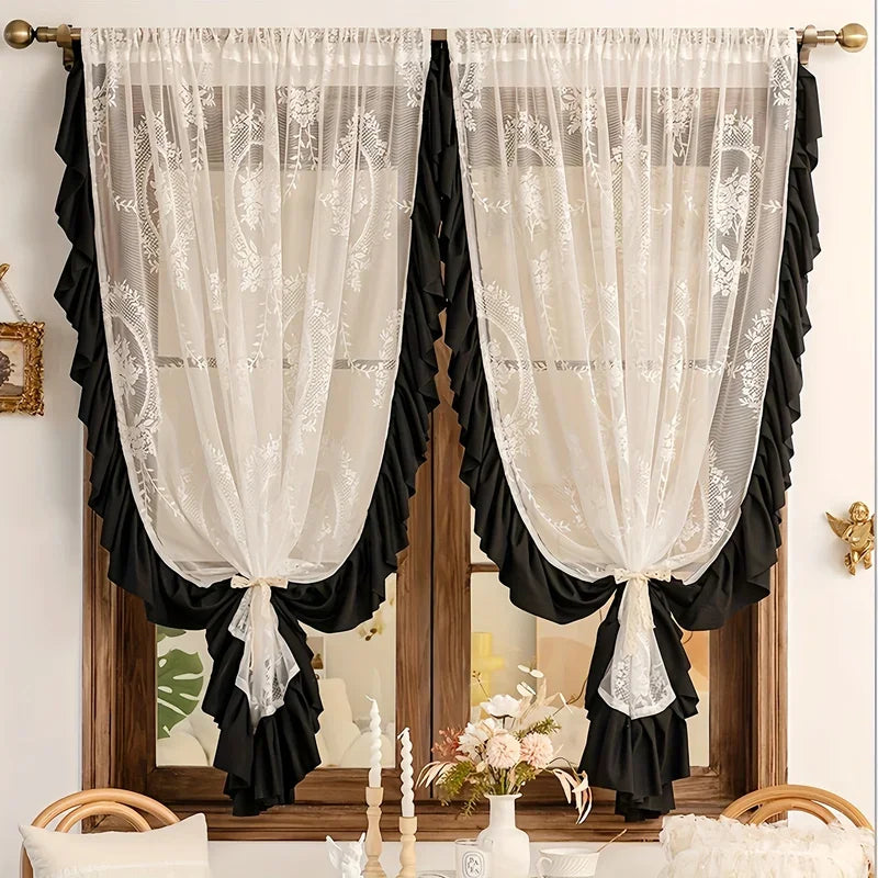 Rideau voilage blanc jacquard fleuri avec volants noirs, largeur 140 à 199 cm