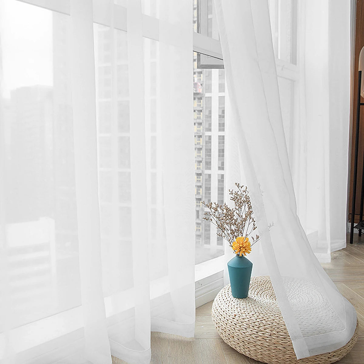 Rideau voilage blanc uni tamisant léger polyester pour salon et chambre