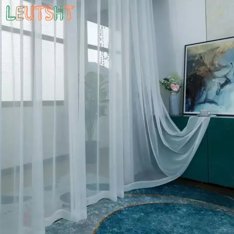 Rideau voilage blanc sur mesure semi-transparent pour salon et baie vitrée